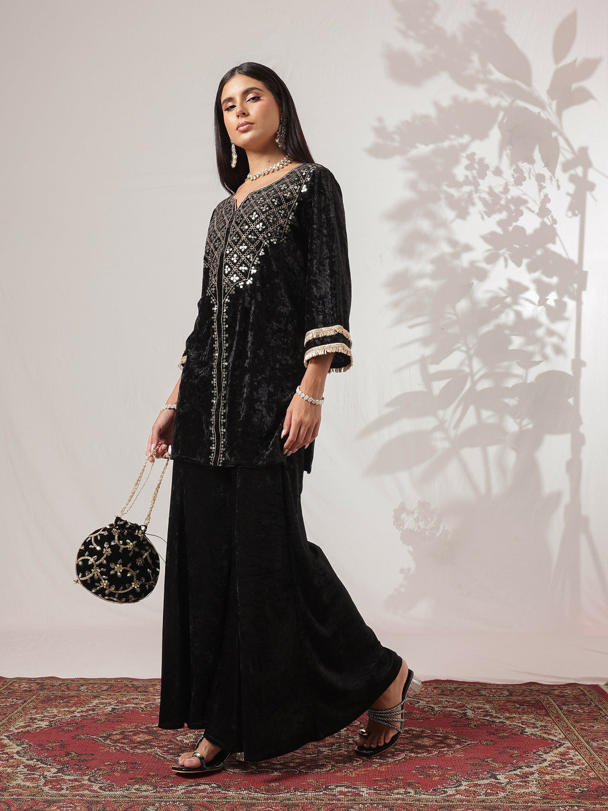 Black Velvet Neck Embroidered Short Kurta With Palazzos-Shae by SASSAFRAS