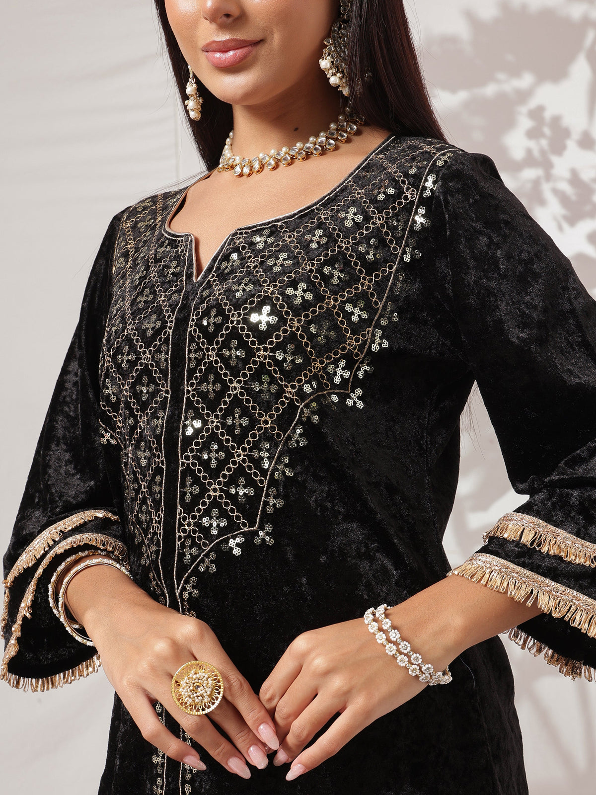 Black Velvet Neck Embroidered Short Kurta With Palazzos-Shae by SASSAFRAS