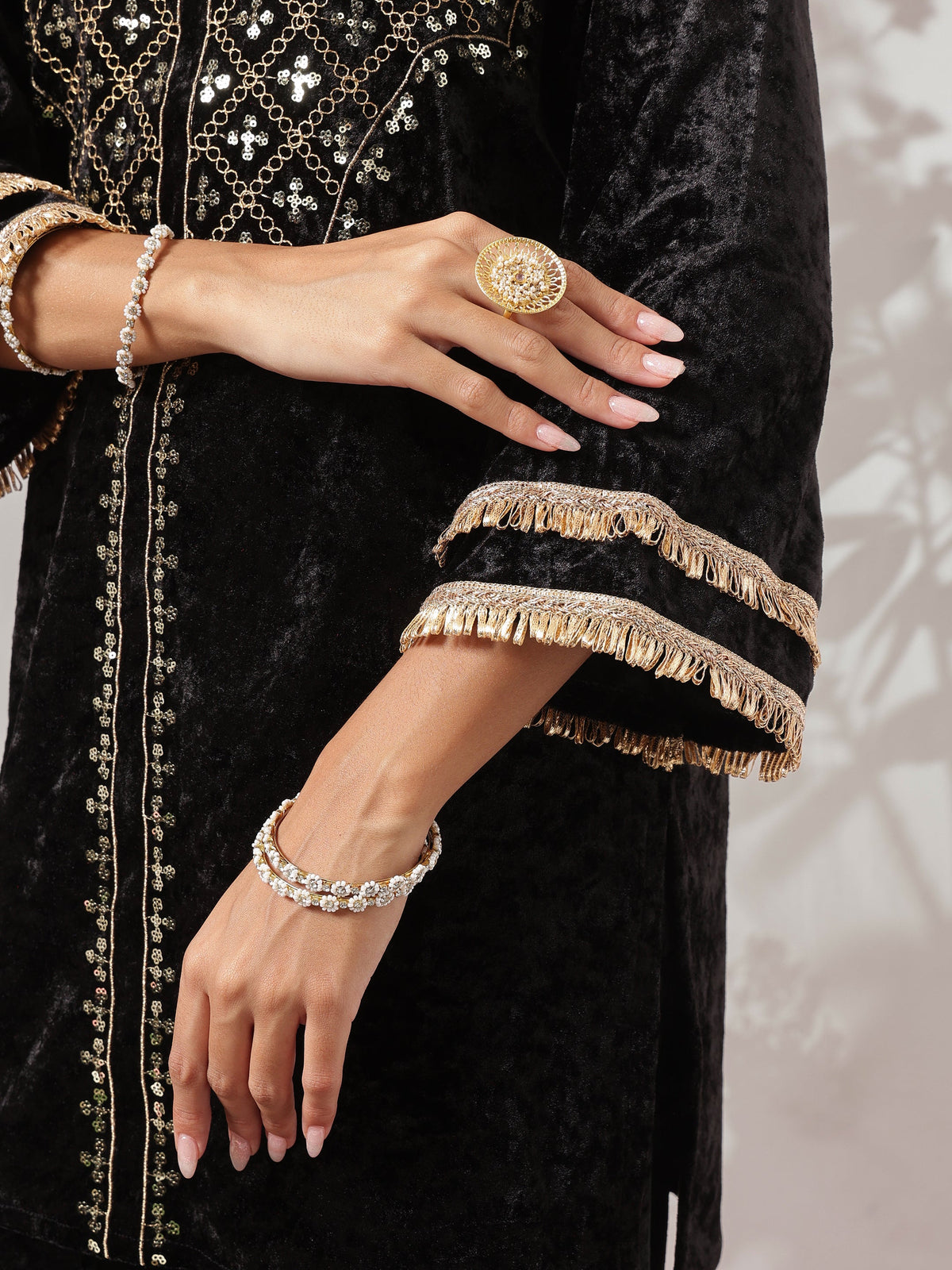 Black Velvet Neck Embroidered Short Kurta With Palazzos-Shae by SASSAFRAS