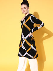 Women Black & Mustard Check Hair Wool Long Sweater