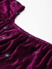 Purple Off Shoulder Velvet Embroidered Crop Top