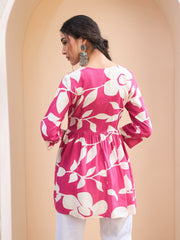 Women Pink Floral V Neck Peplum Kurti