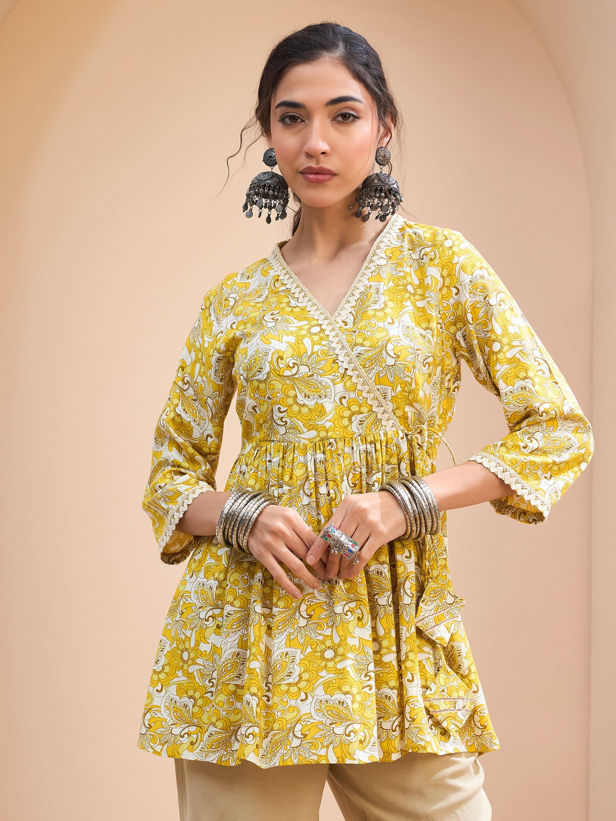 Women Yellow Floral Wrap Neck Peplum Kurti