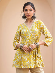 Women Yellow Floral Wrap Neck Peplum Kurti