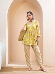 Women Yellow Floral Wrap Neck Peplum Kurti