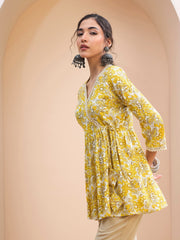 Women Yellow Floral Wrap Neck Peplum Kurti