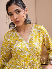 Women Yellow Floral Wrap Neck Peplum Kurti