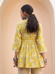 Women Yellow Floral Wrap Neck Peplum Kurti