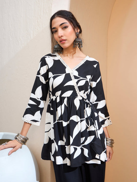 Women Black Floral Wrap Neck Peplum Kurti
