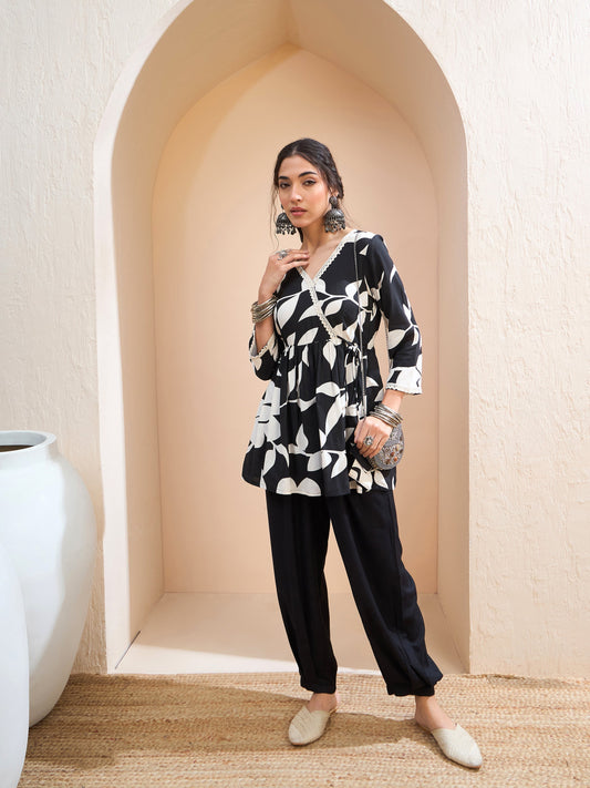 Women Black Floral Wrap Neck Peplum Kurti
