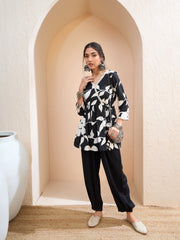 Women Black Floral Wrap Neck Peplum Kurti