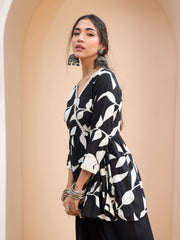 Women Black Floral Wrap Neck Peplum Kurti