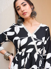 Women Black Floral Wrap Neck Peplum Kurti