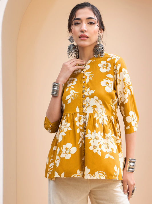 Women Mustard Floral Front Button Gathered Kurti