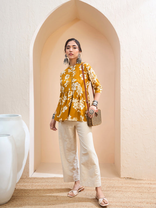 Women Mustard Floral Front Button Gathered Kurti