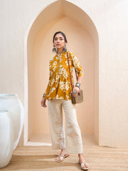 Women Mustard Floral Front Button Gathered Kurti