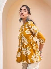 Women Mustard Floral Front Button Gathered Kurti