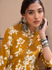 Women Mustard Floral Front Button Gathered Kurti