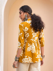 Women Mustard Floral Front Button Gathered Kurti
