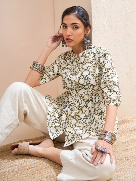 Women Olive Floral Cambric Front Button Gathered Kurti