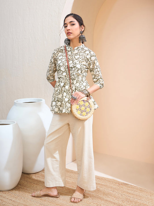 Women Olive Floral Cambric Front Button Gathered Kurti