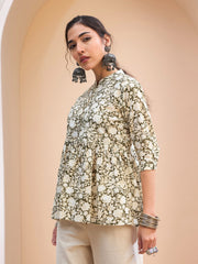 Women Olive Floral Cambric Front Button Gathered Kurti