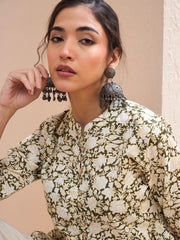 Women Olive Floral Cambric Front Button Gathered Kurti