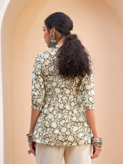 Women Olive Floral Cambric Front Button Gathered Kurti