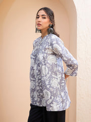 Women Grey Floral Cambric Front Tie Knot Kurti