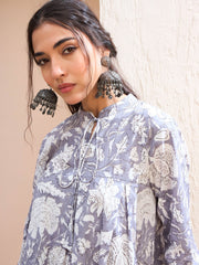 Women Grey Floral Cambric Front Tie Knot Kurti