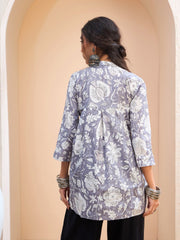 Women Grey Floral Cambric Front Tie Knot Kurti