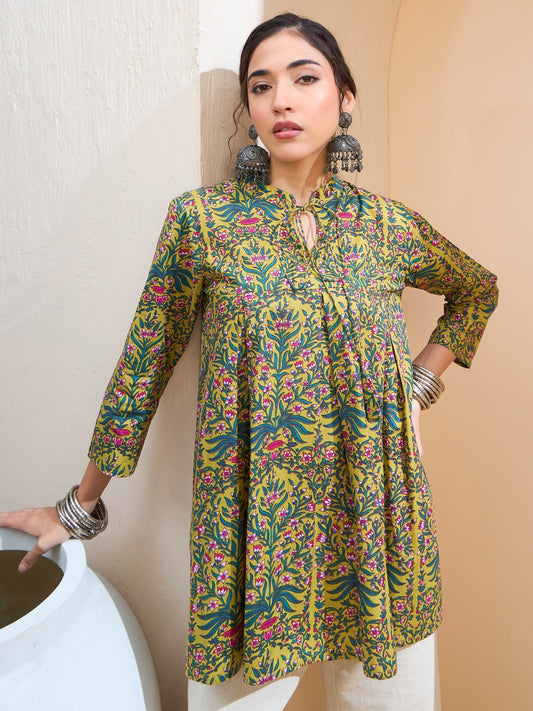 Women Dark Mustard Floral Cambric Front Tie Knot Kurti