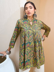 Women Dark Mustard Floral Cambric Front Tie Knot Kurti