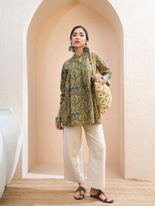 Women Dark Mustard Floral Cambric Front Tie Knot Kurti