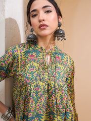 Women Dark Mustard Floral Cambric Front Tie Knot Kurti