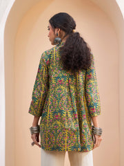 Women Dark Mustard Floral Cambric Front Tie Knot Kurti