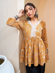 Women Yellow Floral Cambric V Neck Peplum Kurti