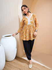 Women Yellow Floral Cambric V Neck Peplum Kurti