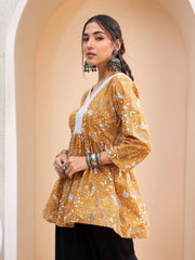 Women Yellow Floral Cambric V Neck Peplum Kurti