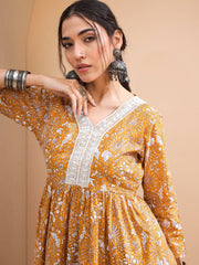 Women Yellow Floral Cambric V Neck Peplum Kurti