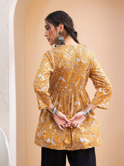 Women Yellow Floral Cambric V Neck Peplum Kurti