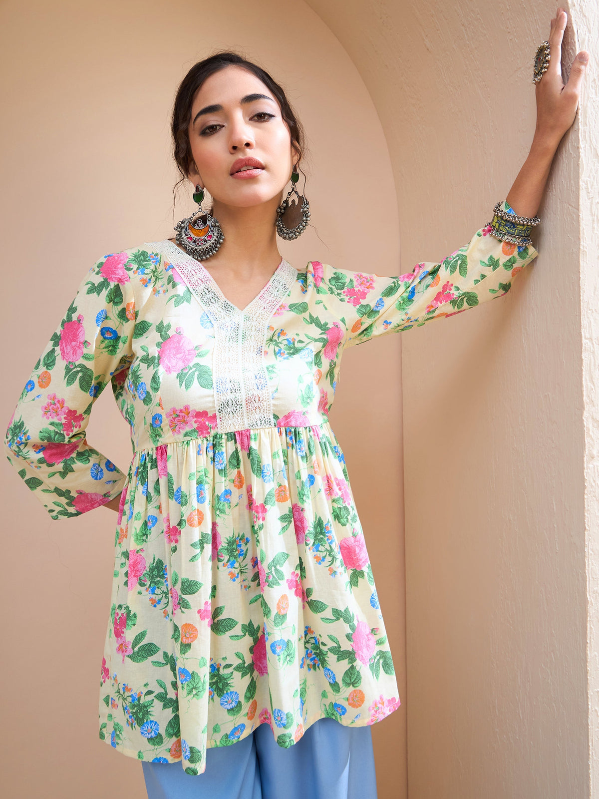 Women Lime Yellow Floral Cambric V Neck Peplum Kurti