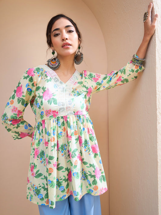 Women Lime Yellow Floral Cambric V Neck Peplum Kurti