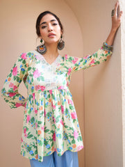 Women Lime Yellow Floral Cambric V Neck Peplum Kurti