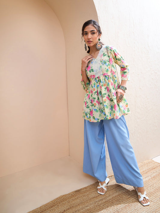 Women Lime Yellow Floral Cambric V Neck Peplum Kurti