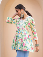 Women Lime Yellow Floral Cambric V Neck Peplum Kurti