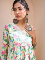 Women Lime Yellow Floral Cambric V Neck Peplum Kurti