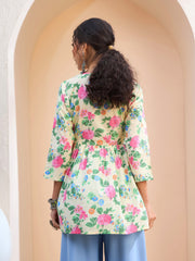 Women Lime Yellow Floral Cambric V Neck Peplum Kurti