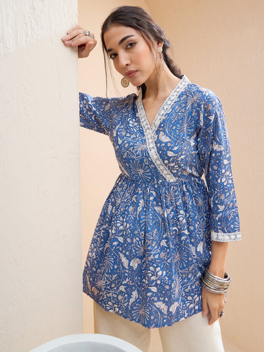 Women Blue Floral Cambric Wrap Peplum Kurti