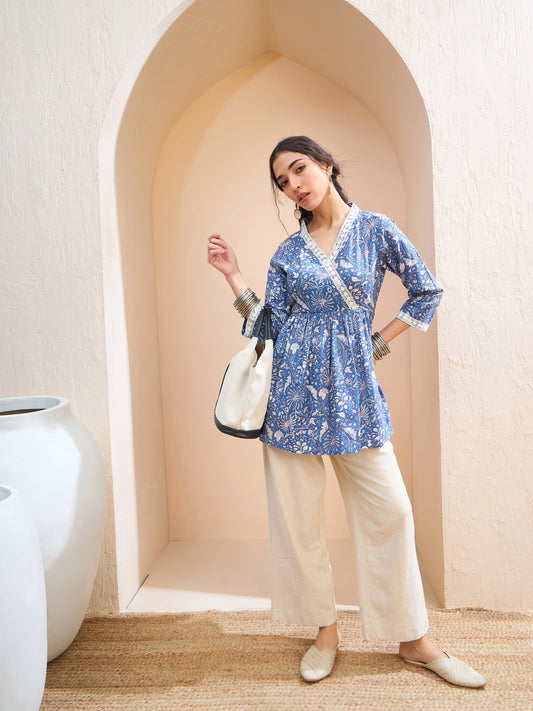 Women Blue Floral Cambric Wrap Peplum Kurti
